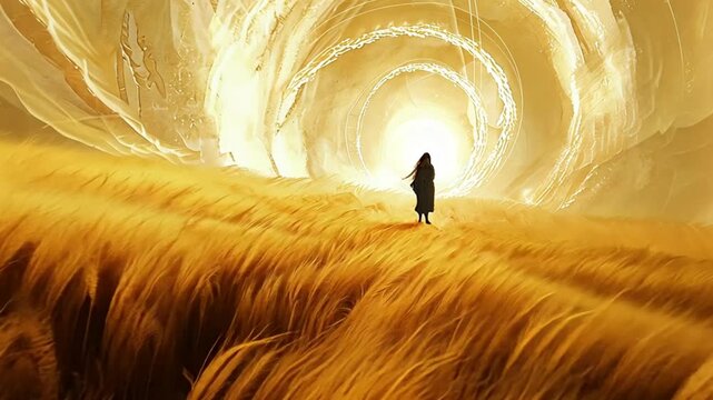 A glowing spiral in the sky draws a person forward through a golden field, representing spiritual awakening and journey.