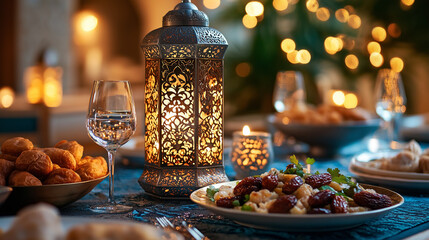 Celebrate Ramadan with a festive Iftar setting, featuring a glowing lantern and inviting decor.