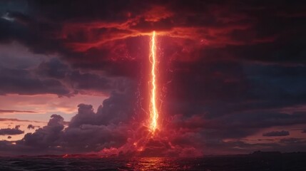 Fototapeta premium A dramatic scene depicting a volcanic eruption with lightning striking through dark clouds.