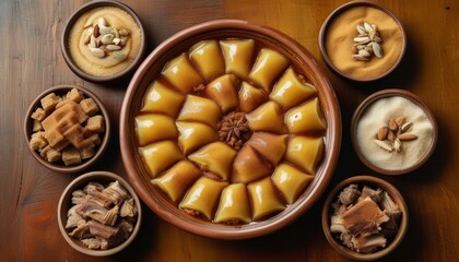Traditional Mexican Coyotas with Sweet Fillings and Assortment of Nuts and Sweets in Bowls