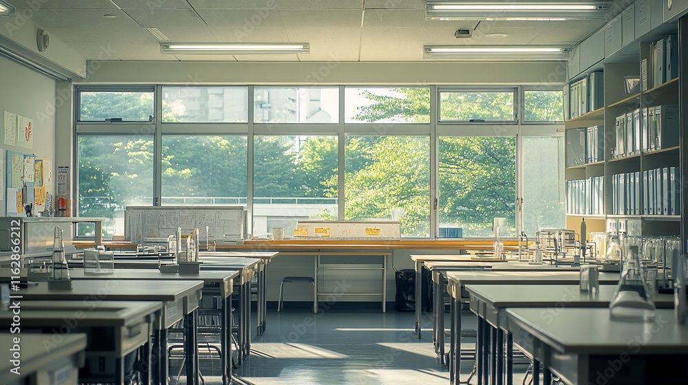 Poster sunlit empty science classroom with lab tables, storage, and large window overlooking green trees.