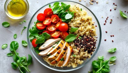 Healthy Quinoa Salad with Fresh Vegetables and Grilled Chicken in a Bowl