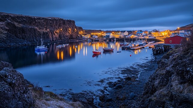 Serene twilight view of a small fishing village nestled in a calm bay, illuminated by the warm glow of lights reflecting on the still water.