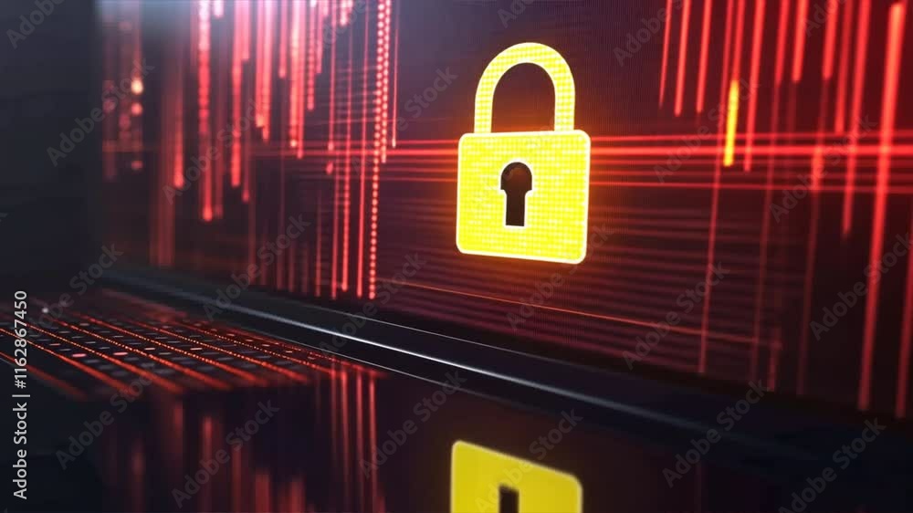 Poster digital lock symbol on laptop screen enhancing cybersecurity and data protection with technology and