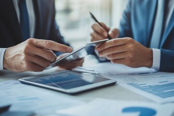 Fototapeta premium Successful cheerful male director of corporate company communicate with female business partner and sharing ideas about information on touch pad. Two business people working in office, Generative AI