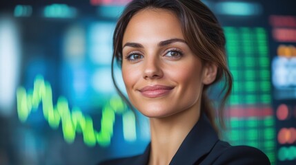 Obraz premium Confident Businesswoman, Stock Market, Financial Success, Trading, Investment, Portrait, Data, Analy