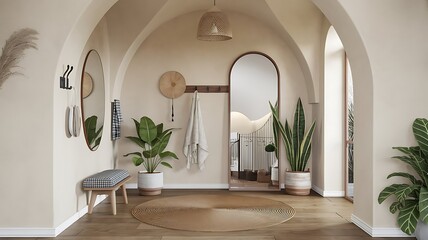 Boho, Mediterranean interior design of modern home entryway, hall with arched walls