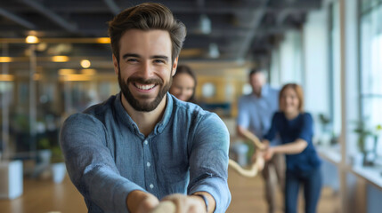 Obraz premium Teamwork in Business Competition Tug of War Concept with Professionals in Office