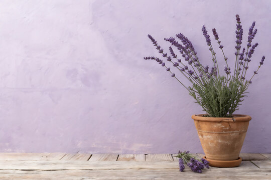 Tranquil lavender arrangement in rustic pot against lavender-colored wall for relaxing decor.