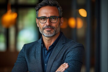 Mature urban business man with specs crossing his arms, Generative AI