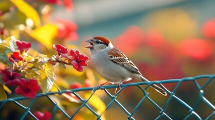 Sparrow perched on a fence, enjoying flowers.