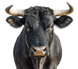 Isolated Black Bull Head Portrait Against White Background Strong Aggressive Domestic Mammal in Agriculture