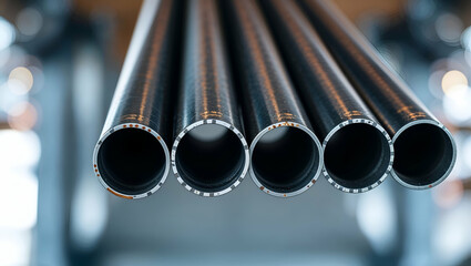 Steel pipes arranged in a row showcasing their smooth edges and industrial design inside a workshop environment