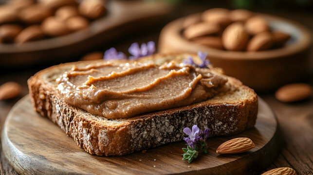 Creamy almond butter spread over a slice of toasted wholegrain bread, garnished with whole almonds for a crunchy and nutritious snack
