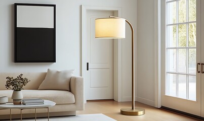 arafed floor lamp in a living room with a couch and a table