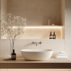 Fototapeta premium Modern minimalistic bathroom with beige tiles, warm lighting and wood accents, featuring an elegant white sink on top of wooden countertop. 