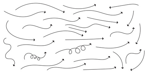 Hand drawn curved doodle chalk arrows collection. Hand drawn semibold line arrows set. Vector curvy, wavy and straight arrows isolated on white background. Hand drawn thin line arrow vector set. 