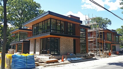 Obraz premium Modern residential building under construction, showcasing contemporary architecture with wood and stone exterior.