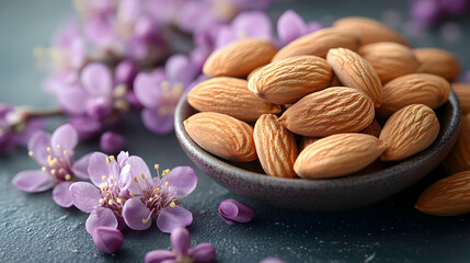 A rustic black bowl filled with crunchy almonds, surrounded by delicate spring blossoms, offering a natural and wholesome snack