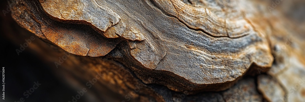 Poster close-up of rough, textured rock surface with layered patterns and rusty hues.