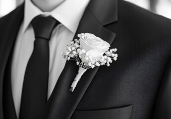 Elegant Groom's Boutonniere: Rose and Baby's Breath on Tuxedo