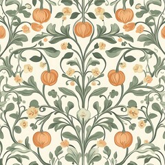 a close up of a pattern of orange flowers and leaves