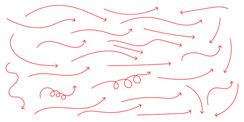 Collection hand drawn arrows. Set simple curved arrows isolated on white background. Collection of pointers. Vector illustration. Red hand drawn curve arrow icon vector set. 