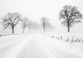 Fototapeta premium Snowy Road Winter Landscape: Foggy Trees and Serene Path
