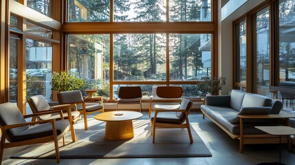 Sunlit modern living room with large windows, wooden frame, comfy chairs and sofa.