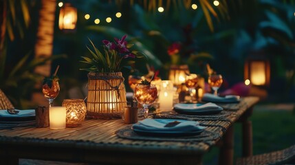 Romantic Outdoor Dinner Bamboo Table, Candles, Cocktails, Tropical Flowers