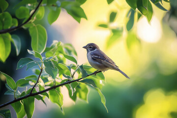 Obraz premium A small bird sitting on a branch, surrounded by vibrant leaves, representing nature's beauty.