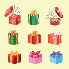 Set of colorful gift boxes with bows and ribbons
