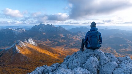 Obraz premium Adventurer Contemplates Autumn Mountain Vista