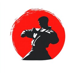 Silhouette Martial Artist Red Sun Background