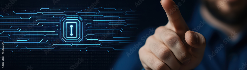 Poster data analyst interacts with digital technology, emphasizing security and innovation. image showcases