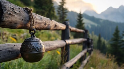 Fototapeta premium Mountain Landscape Rustic Wooden Fence Antique Bell Rope