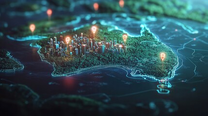 Futuristic digital map of Australia highlighting major cities and network connections.