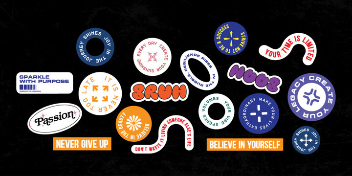 Naklejki Sticker set  vector template decorated with cartoon image and aesthetic quotes graphic design 