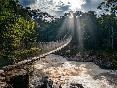 Fototapeta Sunbeams illuminate a rope bridge spanning a rushing river in a lush rainforest.