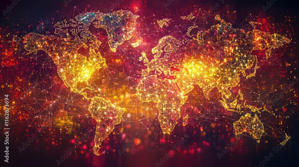 Poster global network connections: a world map illuminated by digital interconnectivity