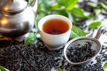 Aromatic Black Tea Still Life: Cup, Leaves, and Kettle