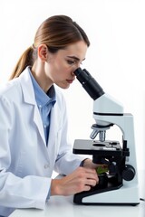 A scientist examining a leaf under a microscope