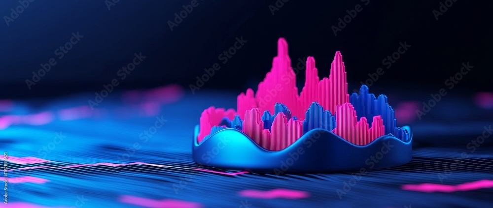 Poster an abstract financial graph on a blue background, showing an uptrend line and a stock market bar cha
