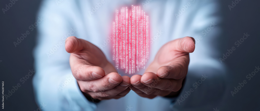 Poster person holds glowing holographic display of binary code in their hands, symbolizing technology and i