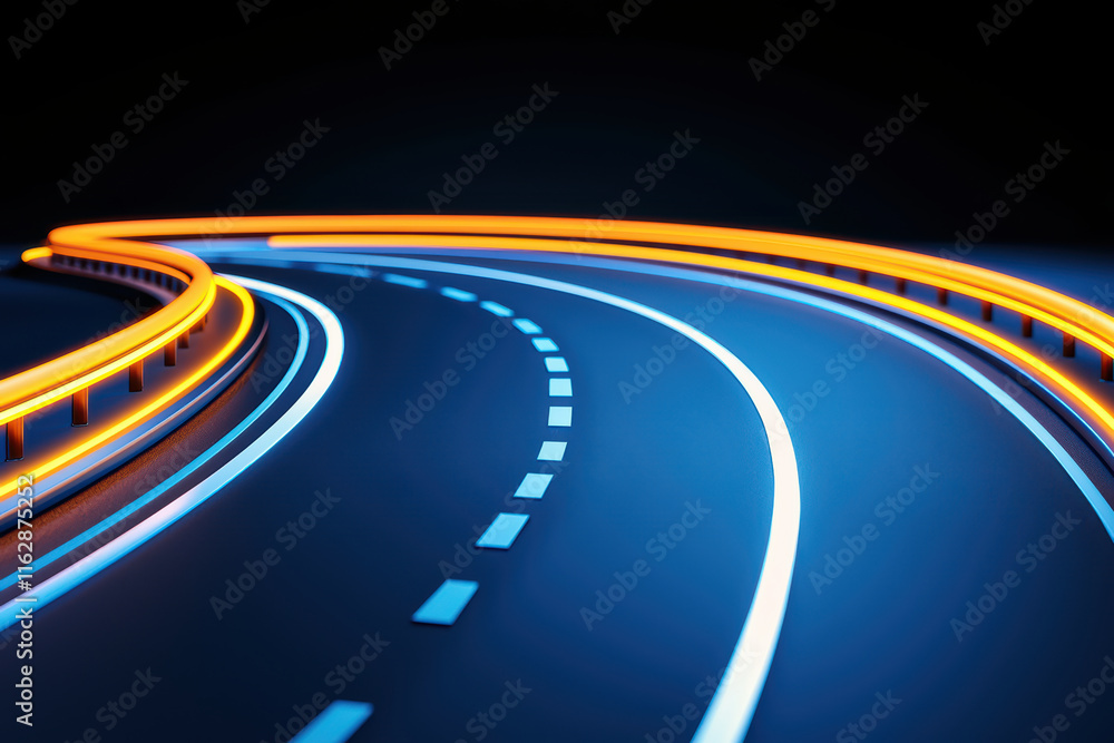 Poster close up view of futuristic road with glowing lines and curves, showcasing modern design elements an