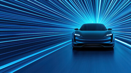Naklejka premium futuristic driverless car with glowing blue lights, showcasing advanced technology and sleek design, is set against dynamic background