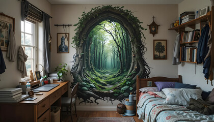 "Step into a mythical forest through a magical portal adorning the wall of a small, cozy bedroom. "