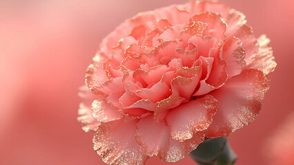 Close up of a delicate pink carnation with gold edges.  Floral beauty, nature, springtime, celebration.