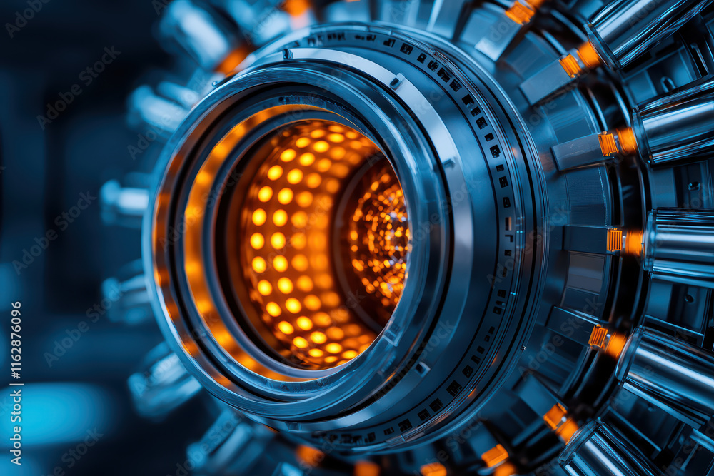 Poster close up view of glowing fusion reactor showcasing intricate details and vibrant colors, emphasizing