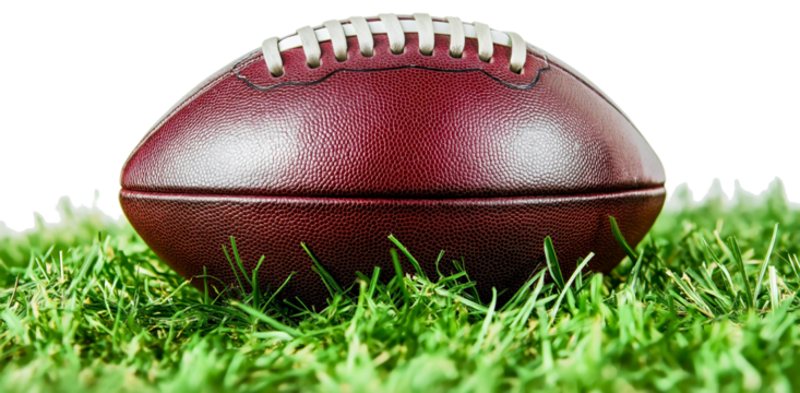 Isolated American Football on Grass Pitch Ready for Action in Competitive Game isolated